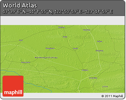 Physical 3D Map of the Area around 43° 53' 30" N, 123° 19' 29" E