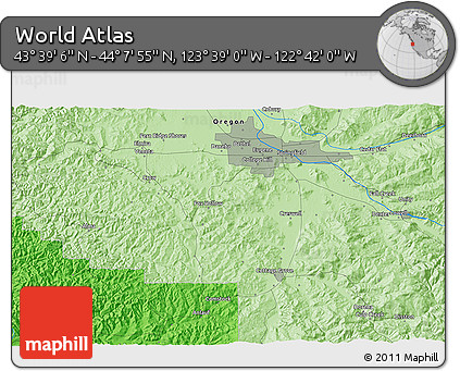 Political 3D Map of the Area around 43° 53' 30" N, 123° 10' 30" W