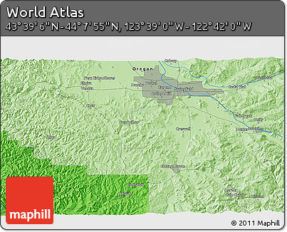 Political 3D Map of the Area around 43° 53' 30" N, 123° 10' 30" W