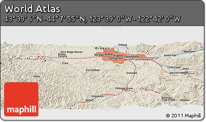 Shaded Relief Panoramic Map of the Area around 43° 53' 30" N, 123° 10' 30" W