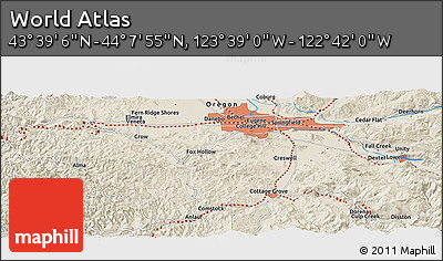 Shaded Relief Panoramic Map of the Area around 43° 53' 30" N, 123° 10' 30" W