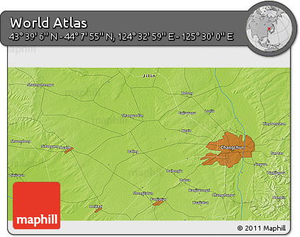 Physical 3D Map of the Area around 43° 53' 30" N, 125° 1' 30" E