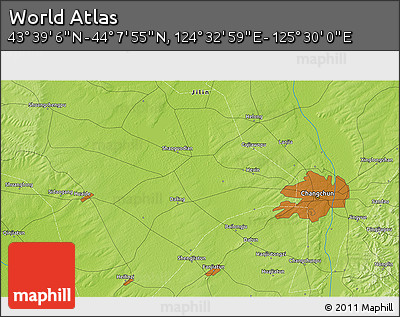 Physical 3D Map of the Area around 43° 53' 30" N, 125° 1' 30" E
