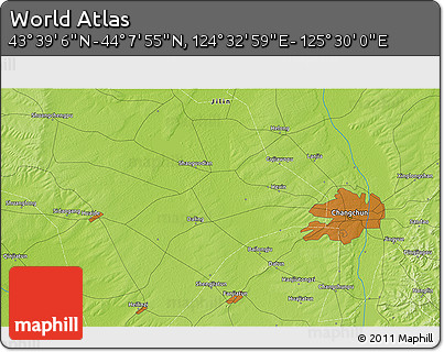 Physical 3D Map of the Area around 43° 53' 30" N, 125° 1' 30" E