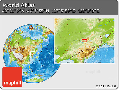 Physical Location Map of the Area around 43° 53' 30" N, 127° 34' 30" E