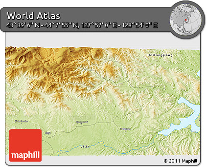 Physical 3D Map of the Area around 43° 53' 30" N, 128° 25' 30" E