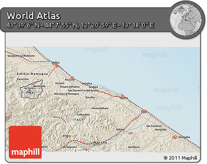 Shaded Relief 3D Map of the Area around 43° 53' 30" N, 12° 49' 29" E