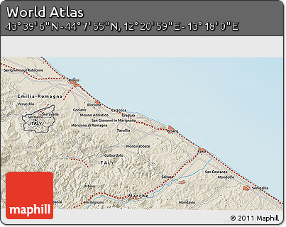 Shaded Relief 3D Map of the Area around 43° 53' 30" N, 12° 49' 29" E