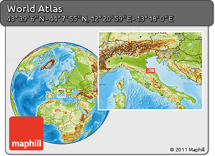 Physical Location Map of the Area around 43° 53' 30" N, 12° 49' 29" E