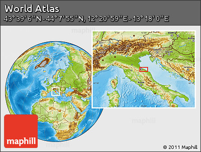 Physical Location Map of the Area around 43° 53' 30" N, 12° 49' 29" E