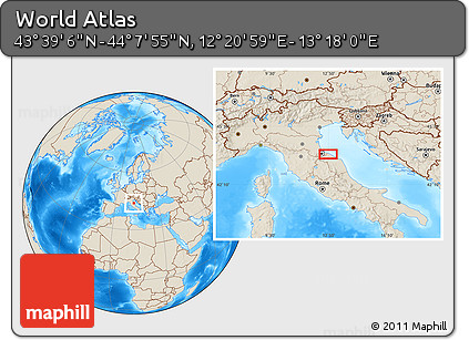 Shaded Relief Location Map of the Area around 43° 53' 30" N, 12° 49' 29" E