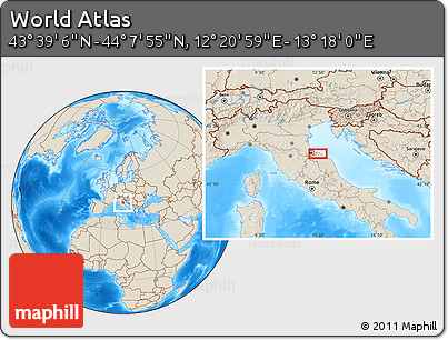 Shaded Relief Location Map of the Area around 43° 53' 30" N, 12° 49' 29" E