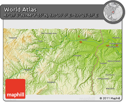 Physical 3D Map of the Area around 43° 53' 30" N, 130° 58' 29" E