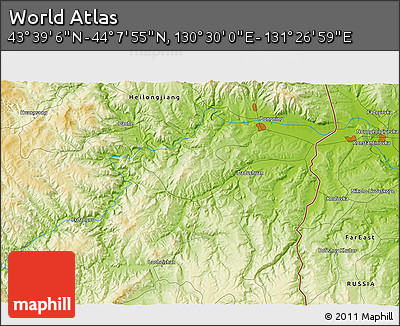 Physical 3D Map of the Area around 43° 53' 30" N, 130° 58' 29" E