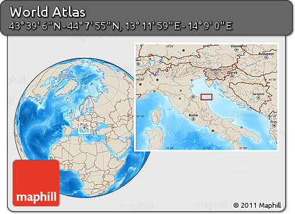 Shaded Relief Location Map of the Area around 43° 53' 30" N, 13° 40' 30" E