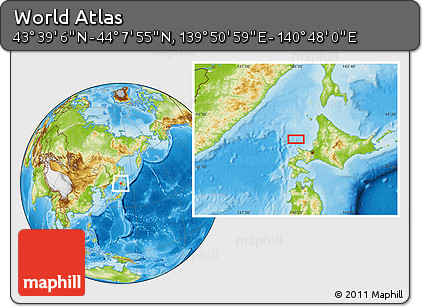 Physical Location Map of the Area around 43° 53' 30" N, 140° 19' 29" E