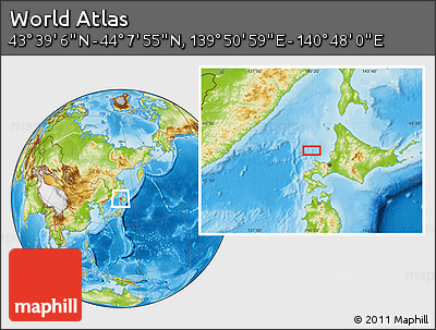Physical Location Map of the Area around 43° 53' 30" N, 140° 19' 29" E