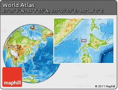 Physical Location Map of the Area around 43° 53' 30" N, 140° 19' 29" E
