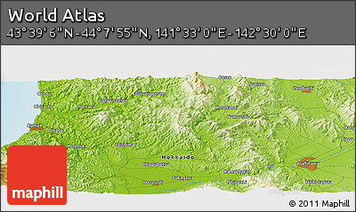 Physical Panoramic Map of the Area around 43° 53' 30" N, 142° 1' 30" E