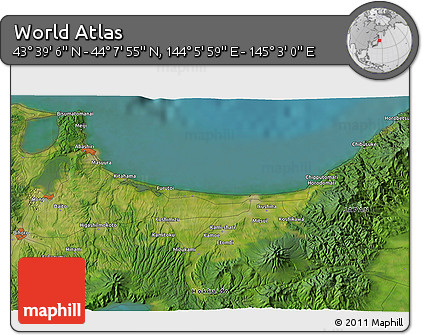 Satellite 3D Map of the Area around 43° 53' 30" N, 144° 34' 29" E