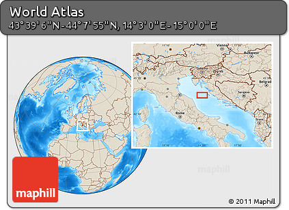 Shaded Relief Location Map of the Area around 43° 53' 30" N, 14° 31' 30" E