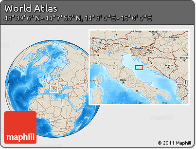 Shaded Relief Location Map of the Area around 43° 53' 30" N, 14° 31' 30" E