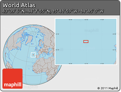 Gray Location Map of the Area around 43° 53' 30" N, 15° 13' 29" W