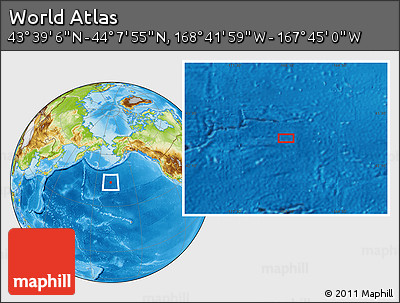Physical Location Map of the Area around 43° 53' 30" N, 168° 13' 29" W