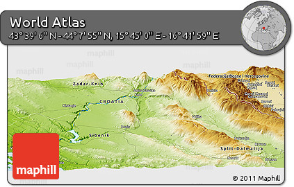 Physical Panoramic Map of the Area around 43° 53' 30" N, 16° 13' 30" E