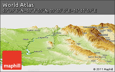 Physical Panoramic Map of the Area around 43° 53' 30" N, 16° 13' 30" E