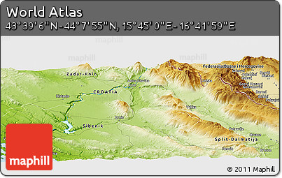 Physical Panoramic Map of the Area around 43° 53' 30" N, 16° 13' 30" E