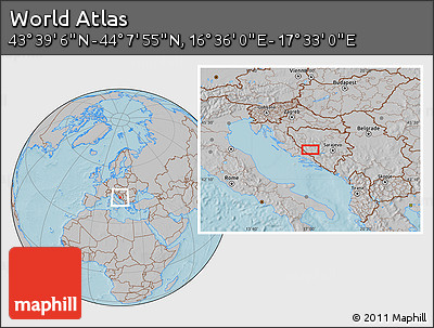Gray Location Map of the Area around 43° 53' 30" N, 17° 4' 30" E, hill shading