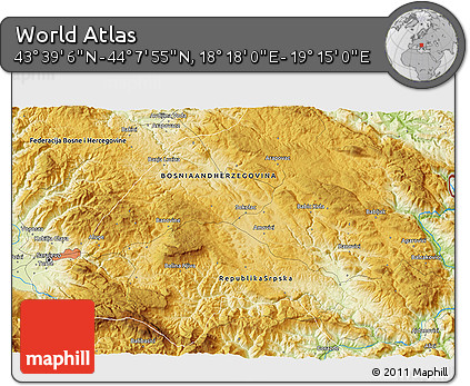 Physical 3D Map of the Area around 43° 53' 30" N, 18° 46' 29" E