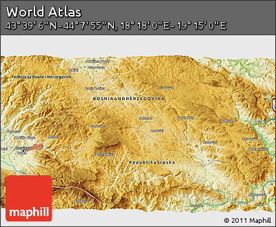 Physical 3D Map of the Area around 43° 53' 30" N, 18° 46' 29" E