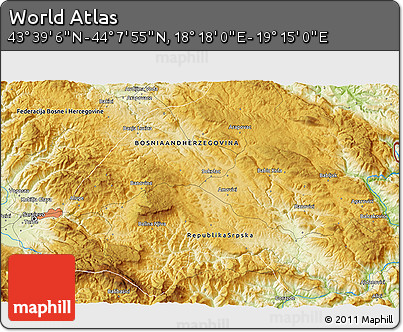 Physical 3D Map of the Area around 43° 53' 30" N, 18° 46' 29" E