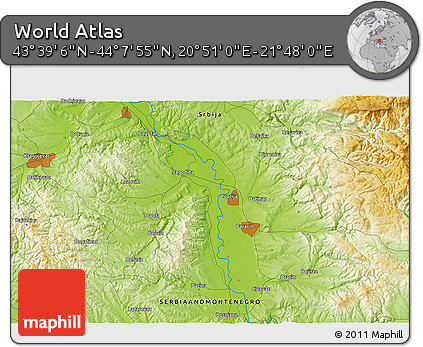 Physical 3D Map of the Area around 43° 53' 30" N, 21° 19' 30" E
