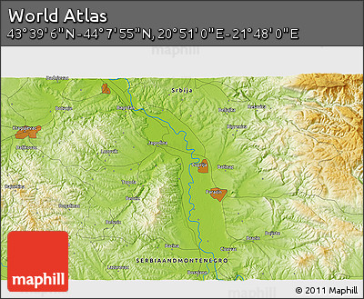 Physical 3D Map of the Area around 43° 53' 30" N, 21° 19' 30" E