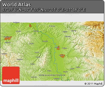 Physical 3D Map of the Area around 43° 53' 30" N, 21° 19' 30" E