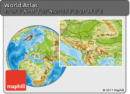 Physical Location Map of the Area around 43° 53' 30" N, 21° 19' 30" E