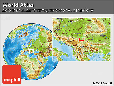 Physical Location Map of the Area around 43° 53' 30" N, 21° 19' 30" E