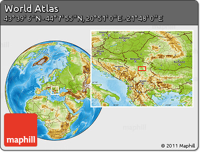 Physical Location Map of the Area around 43° 53' 30" N, 21° 19' 30" E