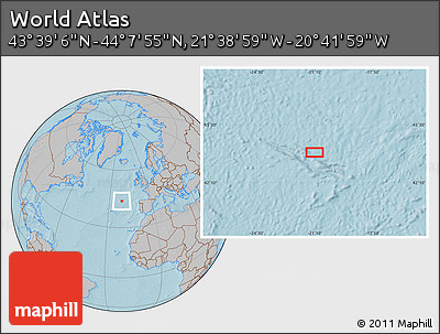 Gray Location Map of the Area around 43° 53' 30" N, 21° 10' 29" W, hill shading