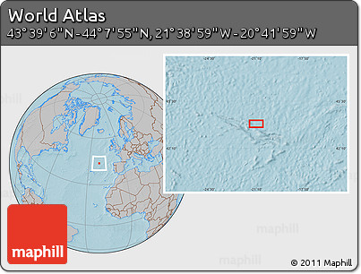 Gray Location Map of the Area around 43° 53' 30" N, 21° 10' 29" W, hill shading