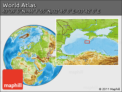 Physical Location Map of the Area around 43° 53' 30" N, 33° 13' 30" E