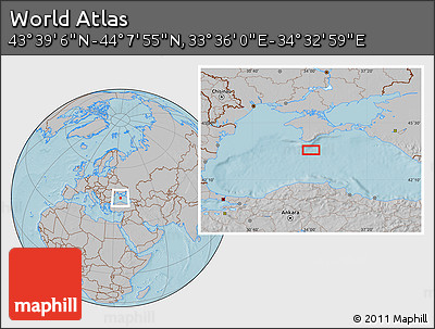 Gray Location Map of the Area around 43° 53' 30" N, 34° 4' 30" E, hill shading