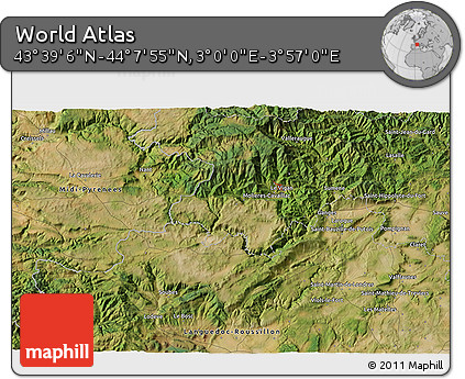 Satellite 3D Map of the Area around 43° 53' 30" N, 3° 28' 30" E