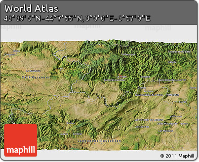 Satellite 3D Map of the Area around 43° 53' 30" N, 3° 28' 30" E