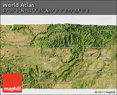 Satellite 3D Map of the Area around 43° 53' 30" N, 3° 28' 30" E