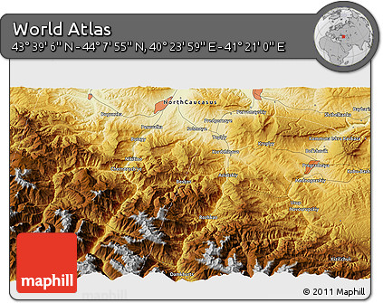 Physical 3D Map of the Area around 43° 53' 30" N, 40° 52' 30" E