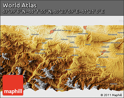 Physical 3D Map of the Area around 43° 53' 30" N, 40° 52' 30" E
